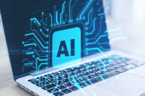 Laptop displaying AI digital circuits, symbolizing artificial intelligence and technology