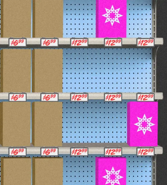 Shelving unit with brown boxes priced at $6.99 and pink boxes with white star designs priced at $12.99.