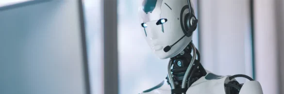 Robot with headset and glowing blue eyes in office setting