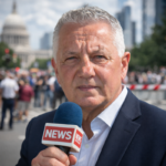 Reporter holding news microphone with Capitol building in background