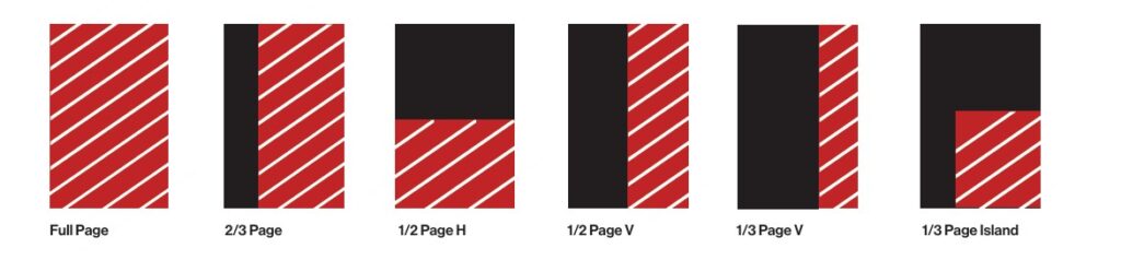Advertisment layout options: full page, 2/3, 1/2 horizontal, 1/2 vertical, 1/3 vertical, 1/3 island