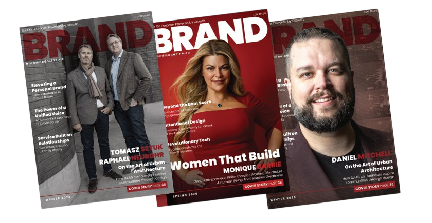 Brand magazine covers featuring urban architecture, women in business, and men in design.