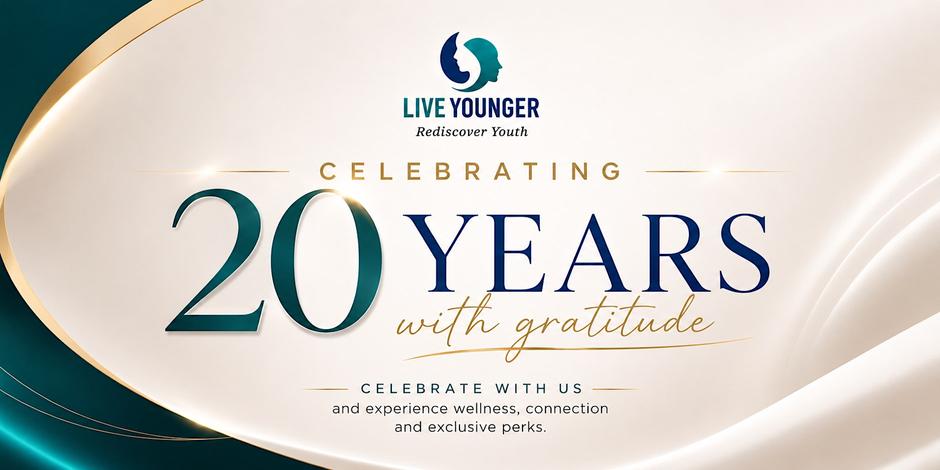 Live Younger celebrates 20 years with gratitude for wellness, connection and perks.