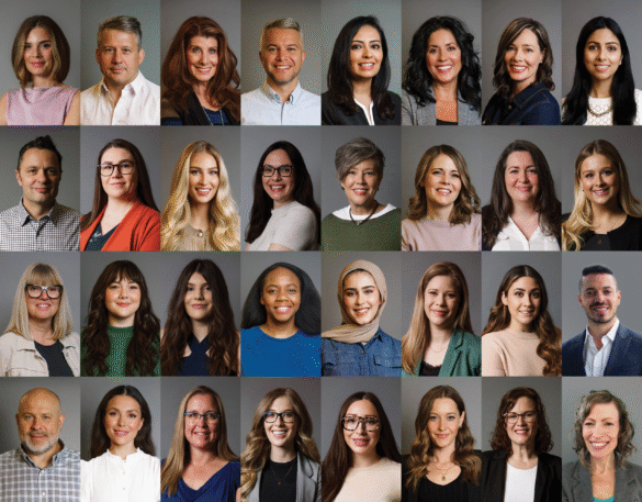 Grid of 36 diverse individuals in professional headshots, men and women of various ages and ethnicities.