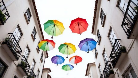 Colourful umbrellas hung between white buildings against a cloudy sky.