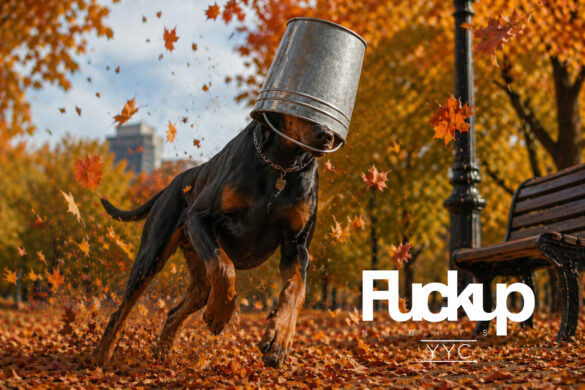 Doberman with a bucket on its head running through fallen autumn leaves in a park.