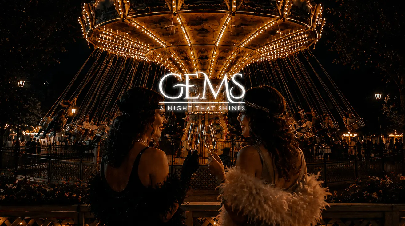 GEMS A Night That Shines: Two women in 1920s attire toast champagne before a lit swing ride and carnival.