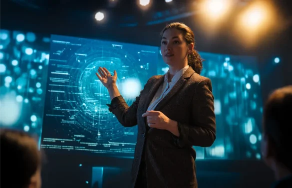 Woman presenter gestures towards a digital screen showing data analytics.