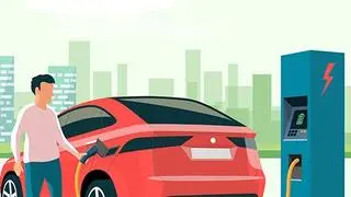 A red electric car plugged into a charging station with a city skyline in the background, representing India's growing EV market.