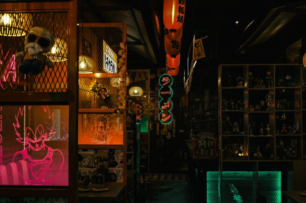 Dark, moody Tokyo diner with neon signs and anime decor, capturing cyberpunk culture.